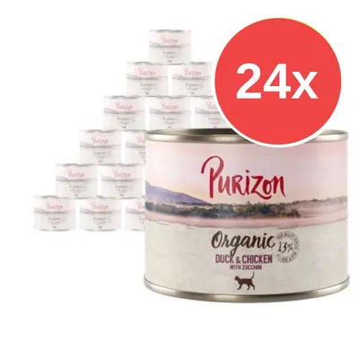 24 lattine di Purizon Organic Duck & Chicken with Zucchini, 13% proteine, visibile su etichetta. Immagine mostra confezione multipla del prodotto.