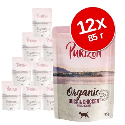 Purizon Organic Duck & Chicken with Zucchini для кошек, 12×85 г. Надпись: 13 % мясо и субпродукты. На упаковке изображён силуэт кошки.