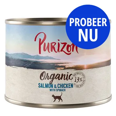 Purizon Organic Salmon & Chicken with Spinach, 13% eiwit. Blauw label met witte tekst: PROBEER NU.