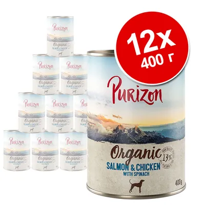 Набор из 12 банок по 400 г Purizon Organic Salmon & Chicken with Spinach. Видна надпись: 13% high quality, изображение собаки на упаковке.