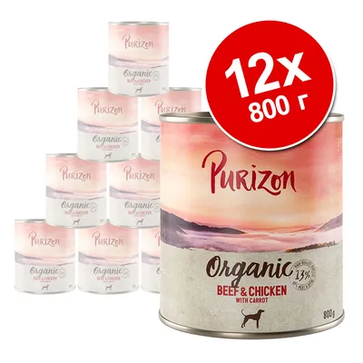 Набор из 12 банок корма Purizon Organic Beef & Chicken with Carrot по 800 г. Видна надпись: 13% и изображение собаки на упаковке.