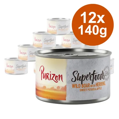 Purizon Superfoods wild zwijn met haring, zoete aardappel en appel, 12x140g blikken. Purizon Superfoods wild zwijn met haring, zoete aardappel en appel, 12x140g blikken.