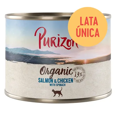Purizon Organic Salmon & Chicken with Spinach, 13 % carne. Texto visible: LATA ÚNICA. Purizon Organic Salmon & Chicken with Spinach, 13 % carne. Texto visible: LATA ÚNICA.
