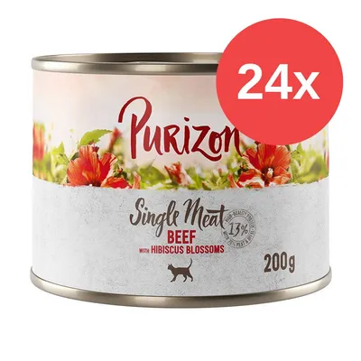 Purizon Single Meat Beef with Hibiscus Blossoms, 200 g, confezione da 24. Testo visibile: 13% high-quality meat & broth. Immagine di una lattina con fiori rossi e sagoma di gatto. Purizon Single Meat Beef with Hibiscus Blossoms, 200 g, confezione da 24. Testo visibile: 13% high-quality meat & broth. Immagine di una lattina con fiori rossi e sagoma di gatto.
