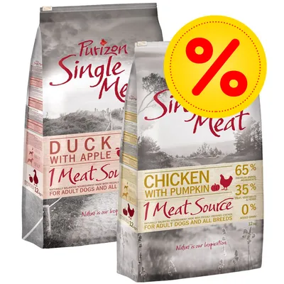 Purizon Single Meat -koiranruokapakkaukset: Duck with Apple ja Chicken with Pumpkin, 12 kg. Keltainen prosenttimerkki osoittaa tarjousta. Chicken with Pumpkin: 65 % lihaa, 0 % viljaa.