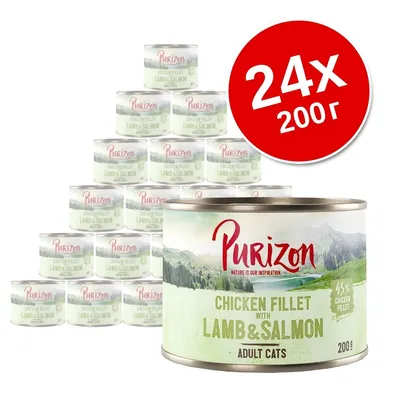 24 банки по 200 г Purizon Chicken Fillet with Lamb & Salmon для взрослых кошек, 45 % куриного филе. Видны упаковки и надписи на английском языке. 24 банки по 200 г Purizon Chicken Fillet with Lamb & Salmon для взрослых кошек, 45 % куриного филе. Видны упаковки и надписи на английском языке.