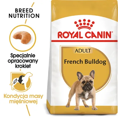 ROYAL CANIN ADULT French Bulldog, specjalnie opracowany krokiet, kondycja masy mięśniowej, opakowanie karmy dla psów z widocznym psem rasy buldog francuski
