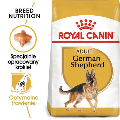 ROYAL CANIN ADULT German Shepherd, specjalnie opracowany krokiet, optymalne trawienie. Opakowanie karmy z wizerunkiem owczarka niemieckiego. ROYAL CANIN ADULT German Shepherd, specjalnie opracowany krokiet, optymalne trawienie. Opakowanie karmy z wizerunkiem owczarka niemieckiego.