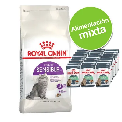 Royal Canin Regular Sensible 33 pienso para gatos y sobres Royal Canin Care Digest, texto visible: Alimentación mixta.