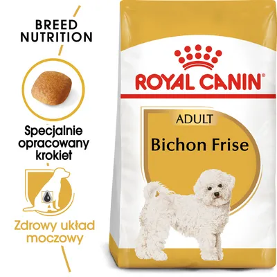 Royal Canin Adult Bichon Frise, specjalnie opracowany krokiet, zdrowy układ moczowy. Opakowanie karmy z wizerunkiem psa rasy bichon frise. Royal Canin Adult Bichon Frise, specjalnie opracowany krokiet, zdrowy układ moczowy. Opakowanie karmy z wizerunkiem psa rasy bichon frise.