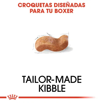 Croquetas diseñadas para tu Boxer. Imagen de una croqueta y texto: TAILOR-MADE KIBBLE.