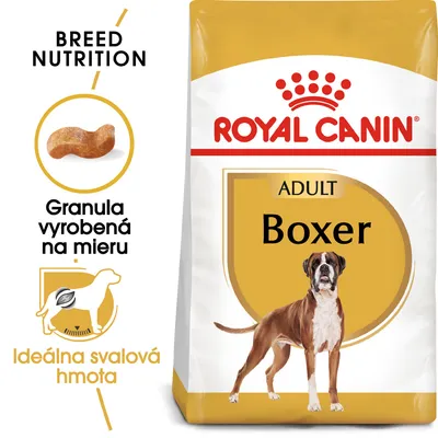 Balenie Royal Canin Adult Boxer, obrázok boxera, text: Granula vyrobená na mieru, Ideálna svalová hmota, Breed Nutrition, zobrazená granula a silueta psa.