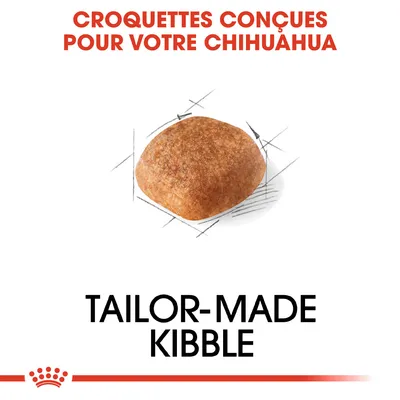 Croquettes conçues pour votre chihuahua, visuel d'une croquette individuelle, texte en anglais : tailor-made kibble. Marque Royal Canin visible.