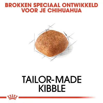 Brokken speciaal ontwikkeld voor je chihuahua. Tailor-made kibble. Afbeelding van een enkele brok met schetslijnen eromheen.