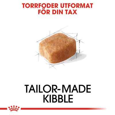 Text: TORRFODER UTFORMAT FÖR DIN TAX. Bild på ett torrfoderkroket. Text: TAILOR-MADE KIBBLE.