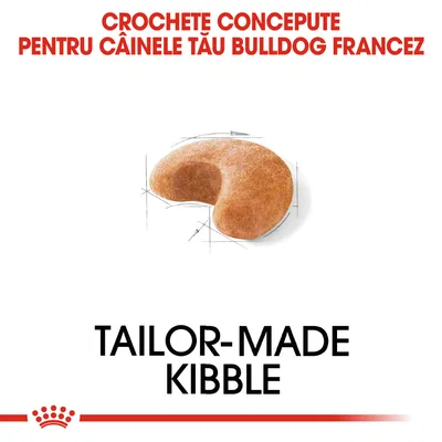 CROCHETE CONCEPTE PENTRU CÂINELE TĂU BULLDOG FRANCEZ. Tailor-made kibble. Imagine cu o croșetă de hrană uscată pentru câini.