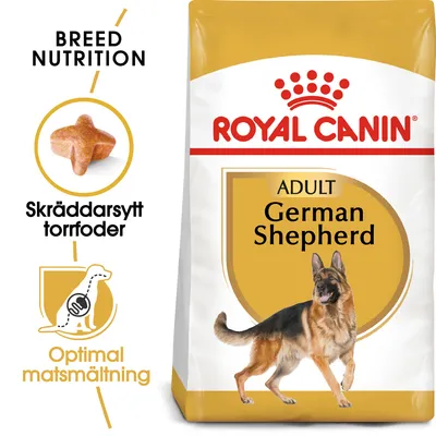 Royal Canin Adult German Shepherd torrfoder, text: Skräddarsytt torrfoder, Optimal matsmältning, bild på foderbit och schäferhund. Royal Canin Adult German Shepherd torrfoder, text: Skräddarsytt torrfoder, Optimal matsmältning, bild på foderbit och schäferhund.