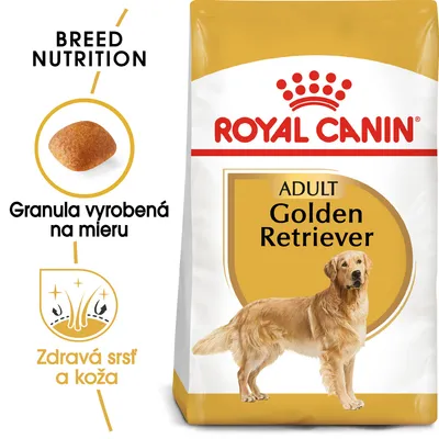 Balenie krmiva ROYAL CANIN ADULT Golden Retriever, text: Granula vyrobená na mieru, Zdravá srsť a koža, obrázok granuly a psa golden retrievera.