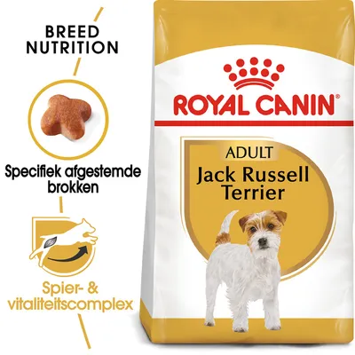 Royal Canin Adult Jack Russell Terrier hondenvoer, afbeelding van hond, tekst: Specifiek afgestemde brokken, Spier- & vitaliteitscomplex, Breed Nutrition