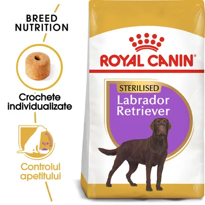 Pachet Royal Canin Sterilised Labrador Retriever, text vizibil: Crochete individualizate, Controlul apetitului, imagine cu o croșetă și siluetă de câine.