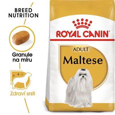 Balení Royal Canin Adult Maltese, obrázek granule, texty: BREED NUTRITION, Granule na míru, Zdraví srsti, vyobrazený maltézský pes. Balení Royal Canin Adult Maltese, obrázek granule, texty: BREED NUTRITION, Granule na míru, Zdraví srsti, vyobrazený maltézský pes.