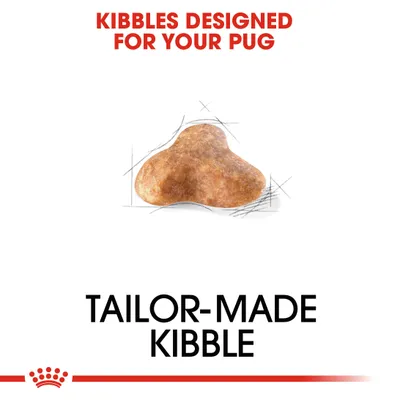 Kibbles designed for your pug. Tailor-made kibble shown in the centre of the image.