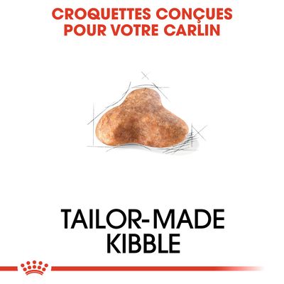 Texte : Croquettes conçues pour votre carlin. TAILOR-MADE KIBBLE. Image d'une croquette de forme spéciale au centre.
