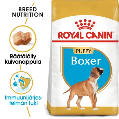 Royal Canin Puppy Boxer -koiranruokapakkaus, tekstit: Räätälöity kuivanappula, Immuunijärjestelmän tuki, BREED NUTRITION. Kuvassa myös nappulan muoto ja pentuboxeri.