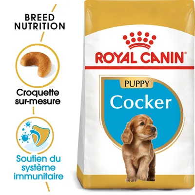 Sachet Royal Canin Puppy Cocker, texte visible : Breed Nutrition, Croquette sur-mesure, Soutien du système immunitaire. Image d'une croquette et d'un chiot cocker.