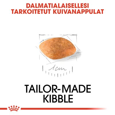 Dalmatialaisellesi tarkoitetut kuivanappulat, nappulan koko noin 1 cm. Teksti: TAILOR-MADE KIBBLE.