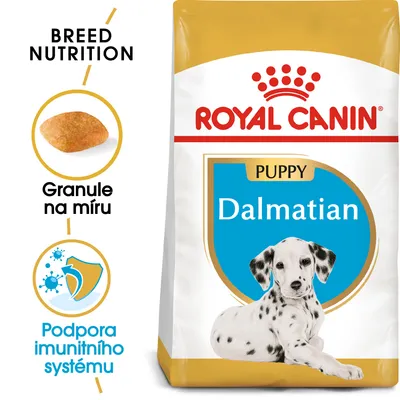 Balení krmiva ROYAL CANIN PUPPY Dalmatian, obrázek granule, text: Granule na míru, Podpora imunitního systému, BREED NUTRITION