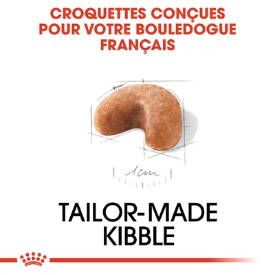 Croquettes conçues pour votre bouledogue français, croquette illustrée avec indication de taille 1 cm, texte en anglais : Tailor-made kibble.