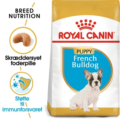ROYAL CANIN PUPPY French Bulldog tørfoder, billede af foderpille, tekst: Skræddersyet foderpille, Støtte til immunforsvaret, BREED NUTRITION, foto af fransk bulldog hvalp på posen