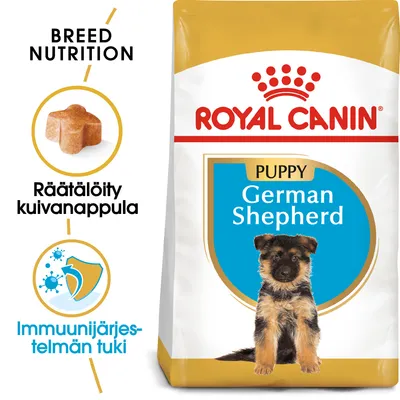 Royal Canin Puppy German Shepherd -kuivaruokapakkaus, tekstit: Räätälöity kuivanappula, Immuunijärjestelmän tuki, kuva saksanpaimenkoiran pennusta