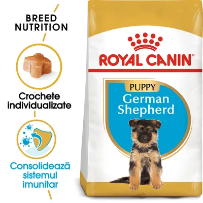 Pachet hrană uscată Royal Canin Puppy German Shepherd, imagine cu cățel, text: Crochete individualizate, Consolidează sistemul imunitar.
