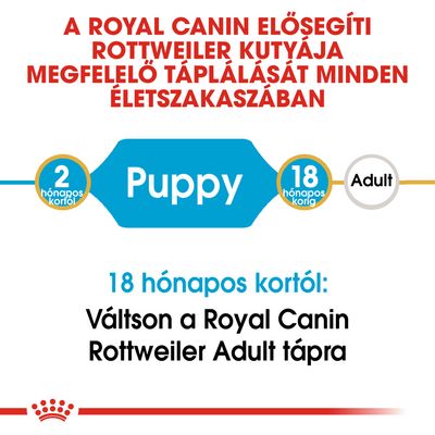 Royal Canin: Rottweiler kölyök 2 hónapos kortól 18 hónapos korig Puppy táp, 18 hónapos kortól váltson Royal Canin Rottweiler Adult tápra. Adult felirat is látható.