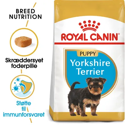 Royal Canin Puppy Yorkshire Terrier tørfoder, billede af foderpille, tekst: Breed Nutrition, Skræddersyet foderpille, Støtte til immunforsvaret
