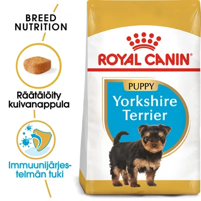 Royal Canin Puppy Yorkshire Terrier -kuivaruokapakkaus, tekstit: Räätälöity kuivanappula, Immuunijärjestelmän tuki, kuva nappulasta ja yorkshirenterrierin pennusta.