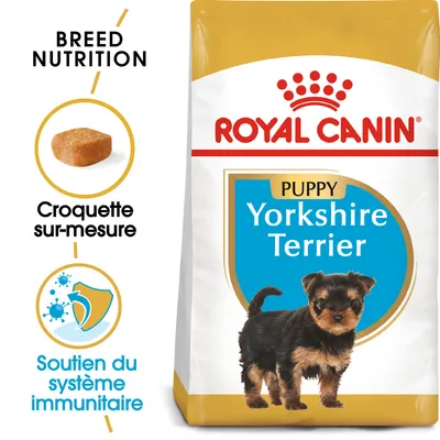 Royal Canin Puppy Yorkshire Terrier, croquette sur-mesure, soutien du système immunitaire, image d’un chiot Yorkshire Terrier sur l’emballage. Royal Canin Puppy Yorkshire Terrier, croquette sur-mesure, soutien du système immunitaire, image d’un chiot Yorkshire Terrier sur l’emballage.