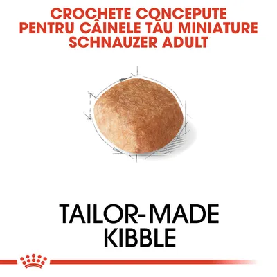 Crochete concepute pentru câinele tău Miniature Schnauzer adult. Tailor-made kibble. Imagine cu o croșetă de hrană uscată.