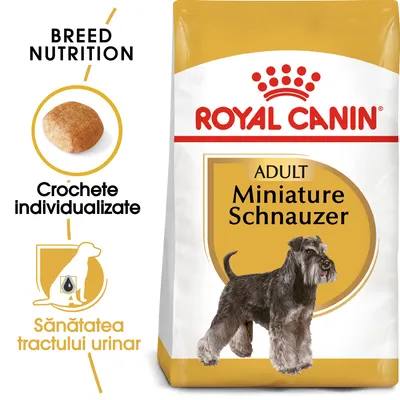 Pachet Royal Canin Adult Miniature Schnauzer, text vizibil: Crochete individualizate, Sănătatea tractului urinar, imagine cu o croșetă și un câine Schnauzer miniatural. Pachet Royal Canin Adult Miniature Schnauzer, text vizibil: Crochete individualizate, Sănătatea tractului urinar, imagine cu o croșetă și un câine Schnauzer miniatural.