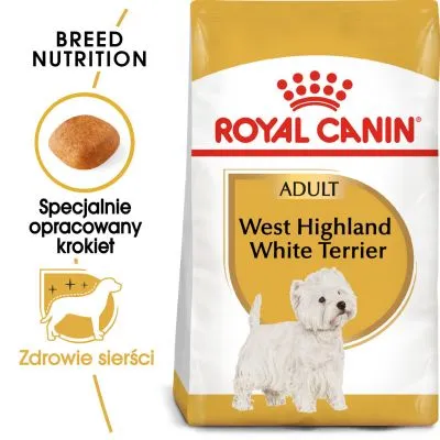 ROYAL CANIN ADULT West Highland White Terrier, specjalnie opracowany krokiet, zdrowie sierści. Opakowanie karmy z wizerunkiem psa rasy West Highland White Terrier. ROYAL CANIN ADULT West Highland White Terrier, specjalnie opracowany krokiet, zdrowie sierści. Opakowanie karmy z wizerunkiem psa rasy West Highland White Terrier.