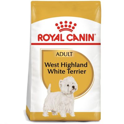 Opakowanie karmy Royal Canin Adult West Highland White Terrier z wizerunkiem psa tej rasy i widoczną nazwą produktu na żółtym tle.
