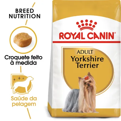 Royal Canin Adult Yorkshire Terrier. Croquete feito à medida. Saúde da pelagem. BREED NUTRITION. Saco de ração com imagem de cão Yorkshire Terrier.