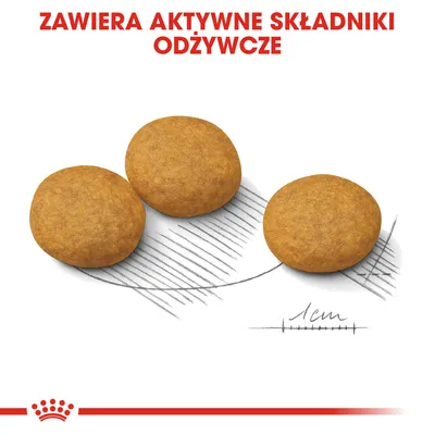 Trzy okrągłe granulki karmy, pod nimi miarka z oznaczeniem 1 cm. Widoczny napis: ZAWIERA AKTYWNE SKŁADNIKI ODŻYWCZE.