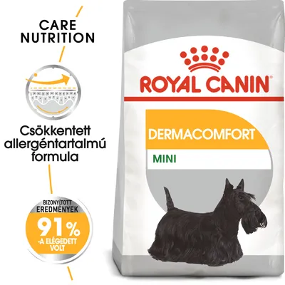 Royal Canin Dermacomfort Mini kutyatáp csomag, szöveg: Csökkentett allergéntartalmú formula, Bizonyított eredmények 91%-a elégedett volt, fekete terrier képe