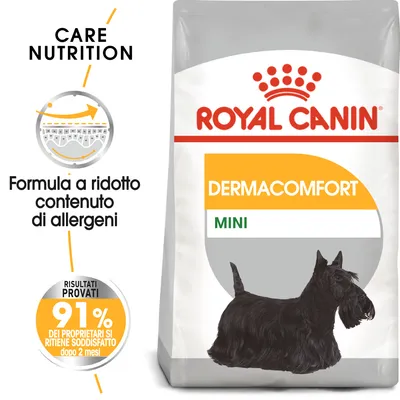 Royal Canin Dermacomfort Mini, formula a ridotto contenuto di allergeni. Risultati provati: 91% dei proprietari si ritiene soddisfatto dopo 2 mesi.