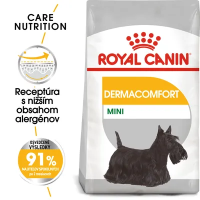 ROYAL CANIN DERMACOMFORT MINI, receptúra s nižším obsahom alergénov, osvedčené výsledky: 91 % majiteľov spokojných po 2 mesiacoch, balenie so psom na obale.