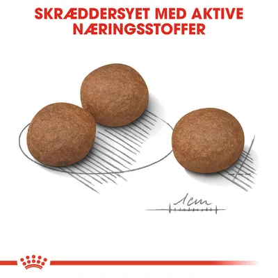 Tre runde foderpiller vist med størrelsesangivelse 1 cm og teksten: SKRÆDDERSYET MED AKTIVE NÆRINGSSTOFFER.