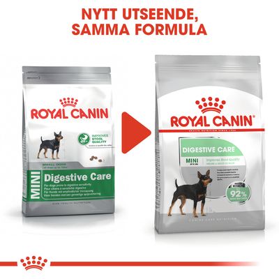 Royal Canin Digestive Care Mini hundfoder, två förpackningar med olika design. Text: 'NYTT UTSEENDE, SAMMA FORMULA'. Synlig text: 'IMPROVES STOOL QUALITY', '92% optimal stool quality'.